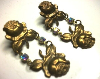 Brassy Roses Crystal Chandelier Earrings Beautiful Hollywood Regency Style Unique Antique Jewelry for Women Gifts for Her Mothers Day Mom