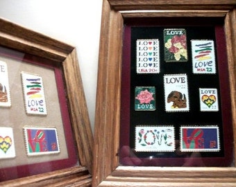 Love Stamps Tack Lapel Pins 14 In Two Wood Framed Matted Glass Frames Unique Gifts for The Home Her or Him