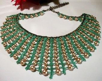 Beaded Gold Pearl Turquoise Brass Collar Style Bib Necklace STUNNING Unique Handmade Jewelry Gifts for Her Women Mothers Day Mom Gift Idea