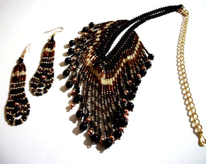 BEADWORK Jewelry Set in Copper Black Onyx Pearl Beaded Tassel Bib ...