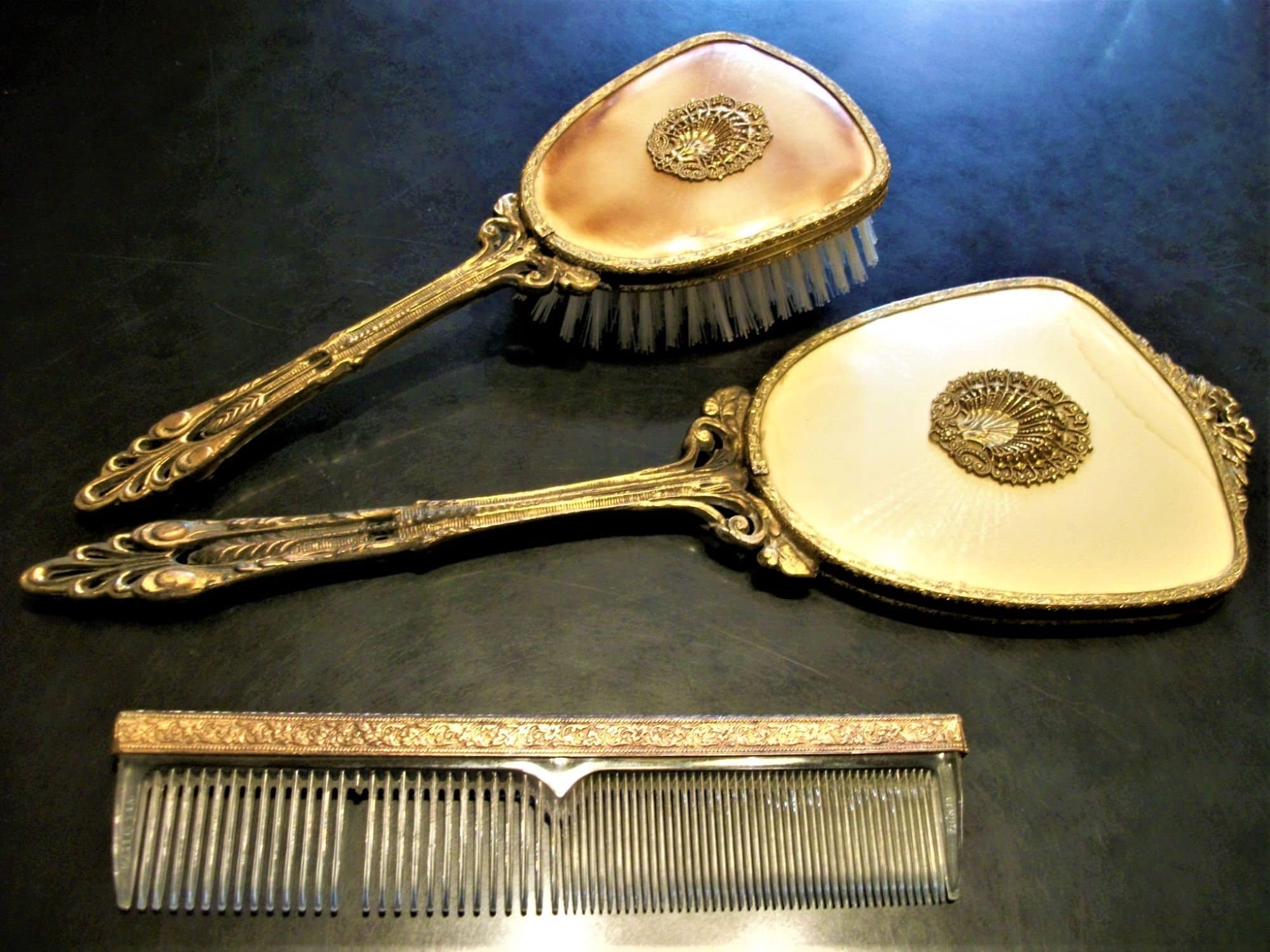 1920s Antique 3pc Vanity Set Brassy Gold Shell Style 