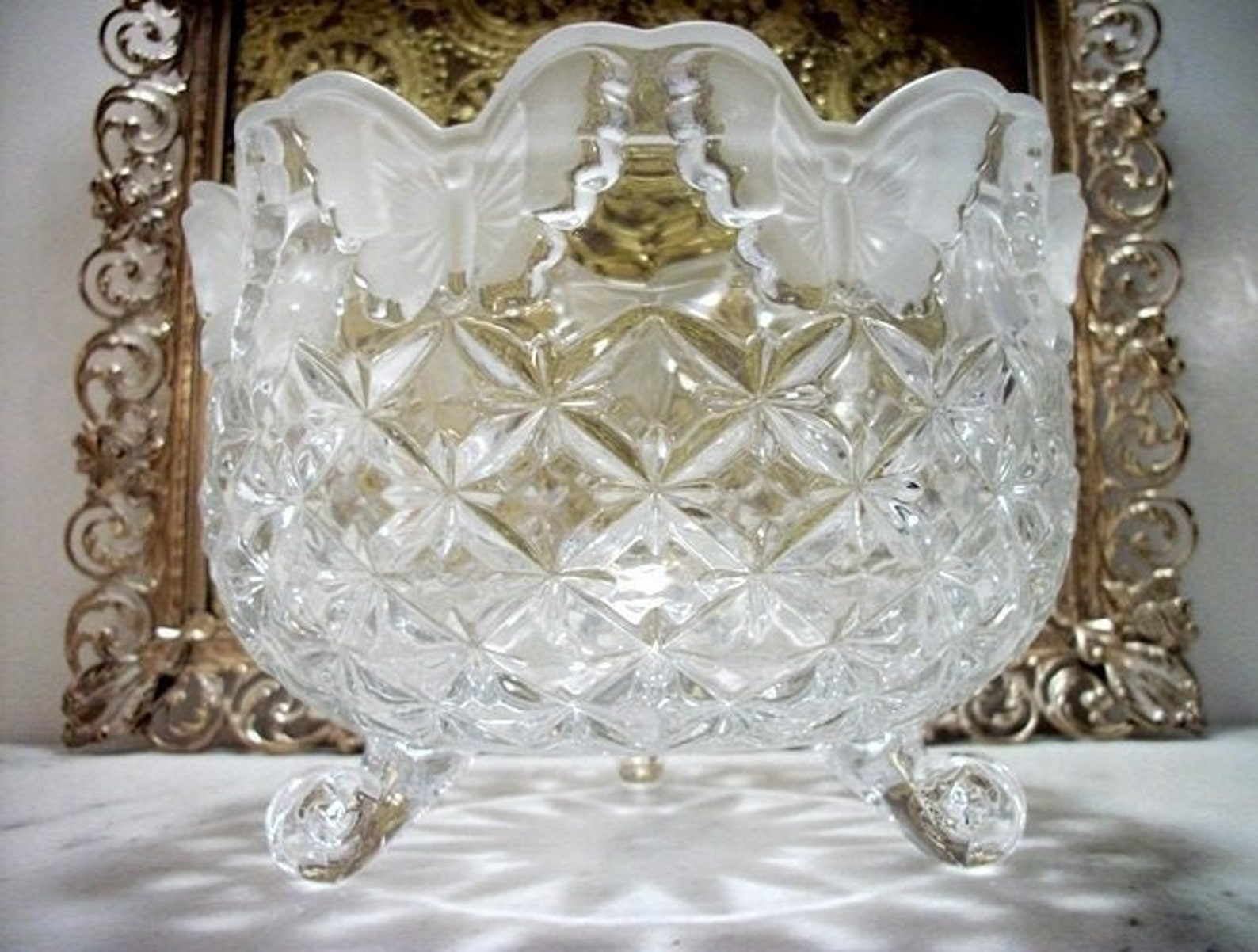 Crystal 3 Footed Bowl Frosted Butterfly Butterflies Around the Etsy