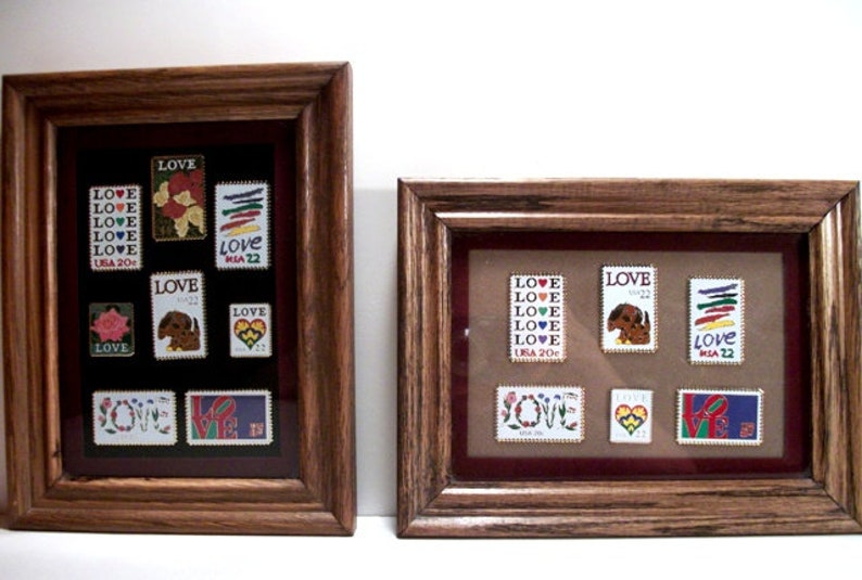 Love Stamps Tack Lapel Pins 14 In Two Wood Framed Matted Glass Frames Unique Gifts for The Home Her Mothers Day Mom Grandma With Love or Him image 3