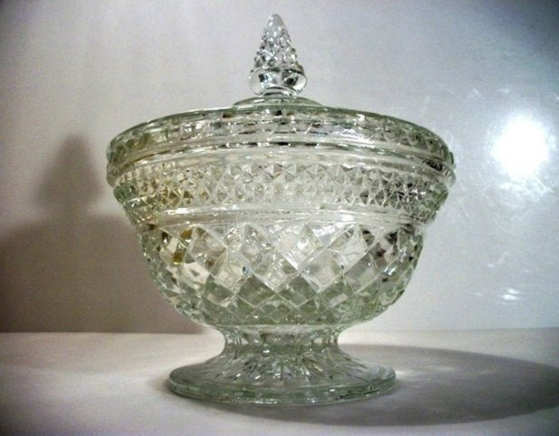 Diamond Pattern Crystal Glass Candy Dish Footed Bowl w/ Lid Etsy