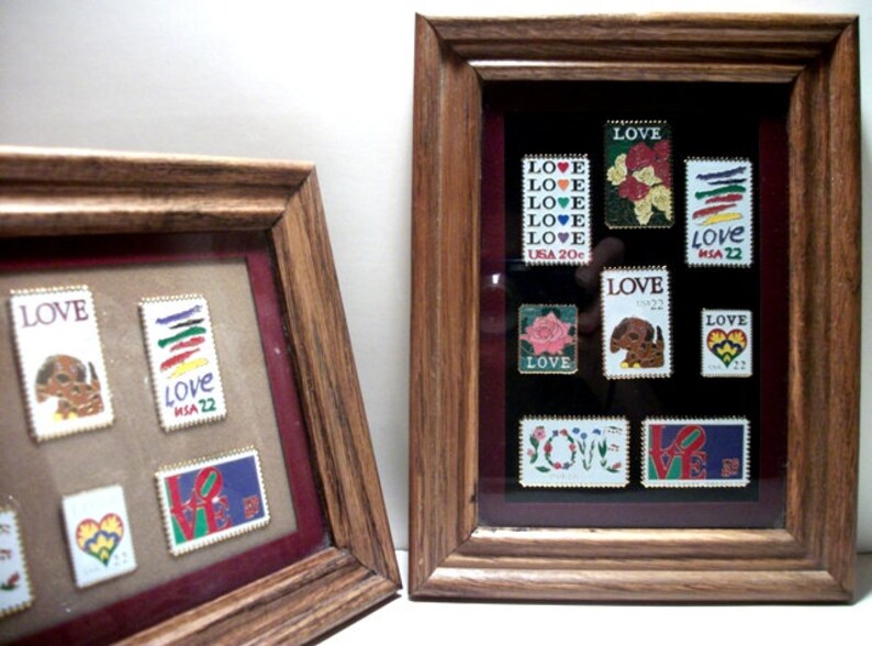 Love Stamps Tack Lapel Pins 14 In Two Wood Framed Matted Glass Frames Unique Gifts for The Home Her Mothers Day Mom Grandma With Love or Him image 6