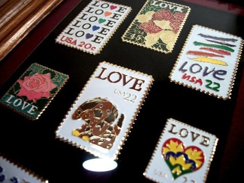 Love Stamps Tack Lapel Pins 14 In Two Wood Framed Matted Glass Frames Unique Gifts for The Home Her Mothers Day Mom Grandma With Love or Him image 2