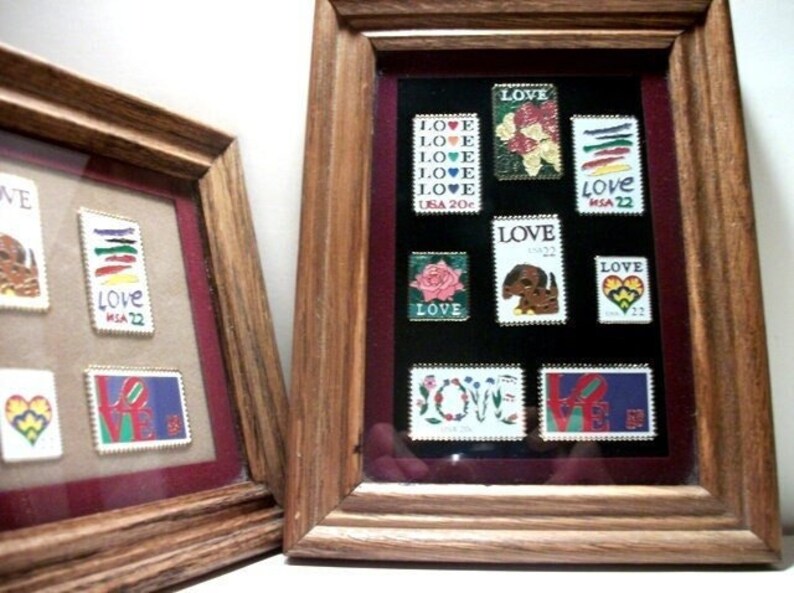 Love Stamps Tack Lapel Pins 14 In Two Wood Framed Matted Glass Frames Unique Gifts for The Home Her Mothers Day Mom Grandma With Love or Him