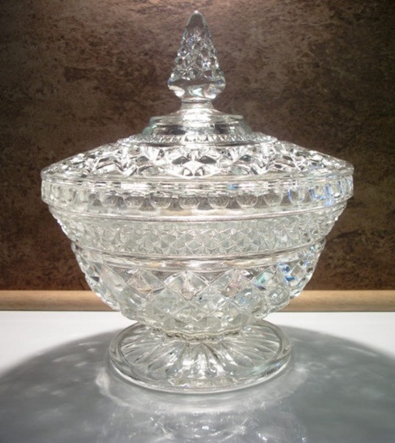 Diamond Pattern Pressed Crystal Glass Candy Dish Compote Etsy