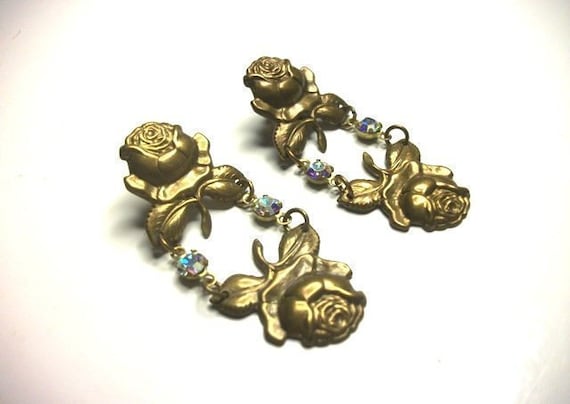 Brass roses crystal rhinestones chandelier earring