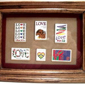 Love Stamps Tack Lapel Pins 14 In Two Wood Framed Matted Glass Frames Unique Gifts for The Home Her Mothers Day Mom Grandma With Love or Him image 5