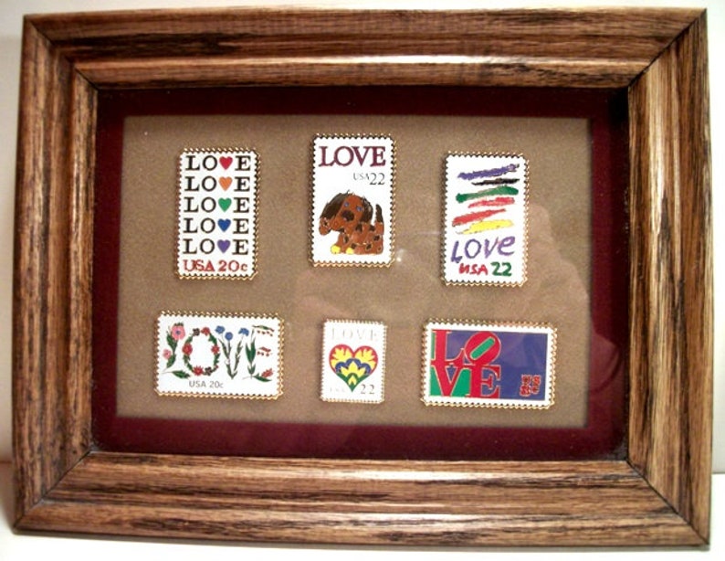 Love Stamps Tack Lapel Pins 14 In Two Wood Framed Matted Glass Frames Unique Gifts for The Home Her Mothers Day Mom Grandma With Love or Him image 5