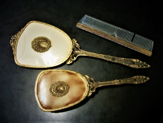 1920s Antique 3pc Vanity Set Brassy Gold Shell Style Filigree