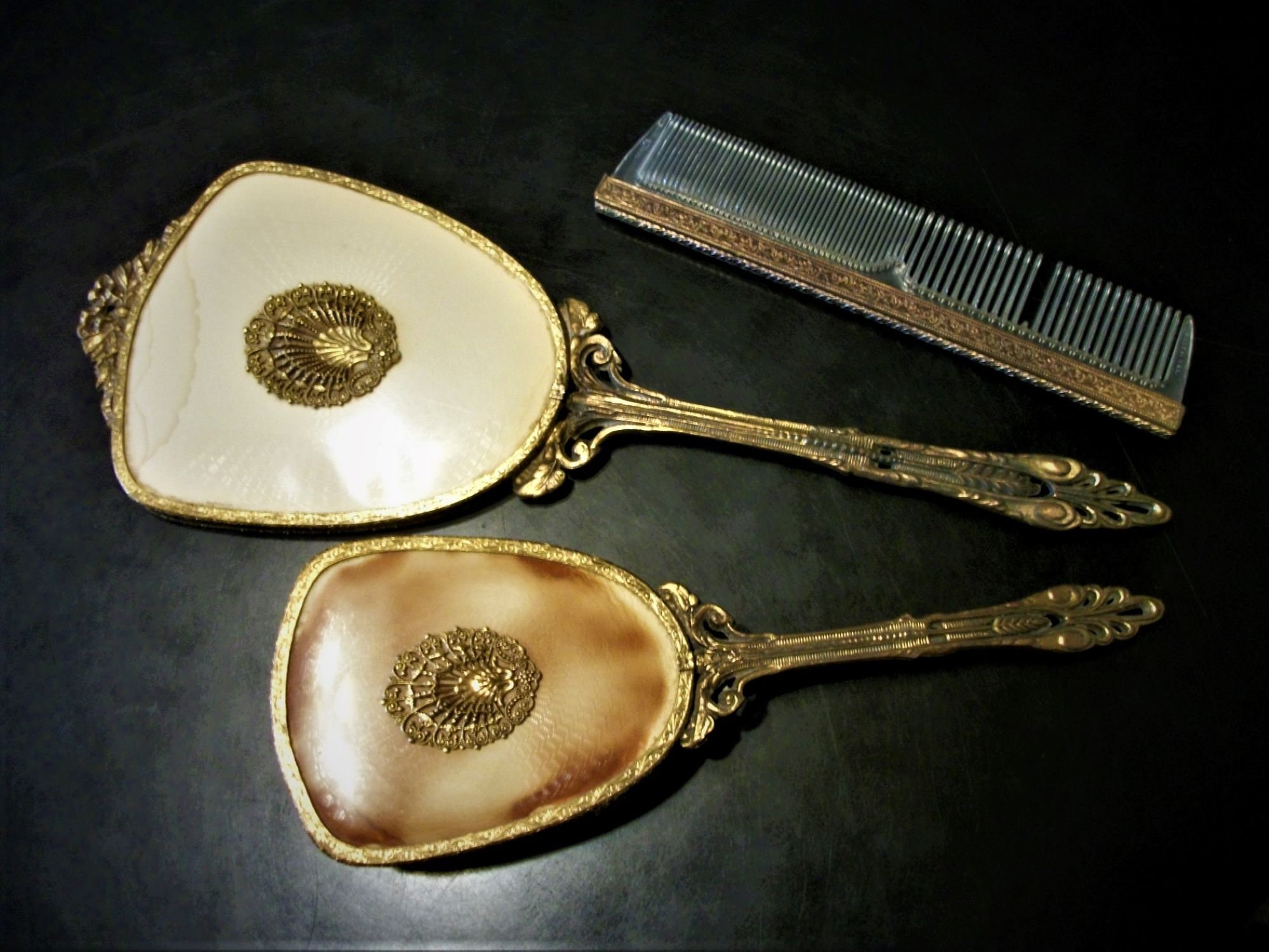 Vintage Art Deco Vanity Set Mirror & Brush Black Gold 1920’s Vintage 1930s Art Deco Black Silver Vanity Set Brush Mirror  main image 4