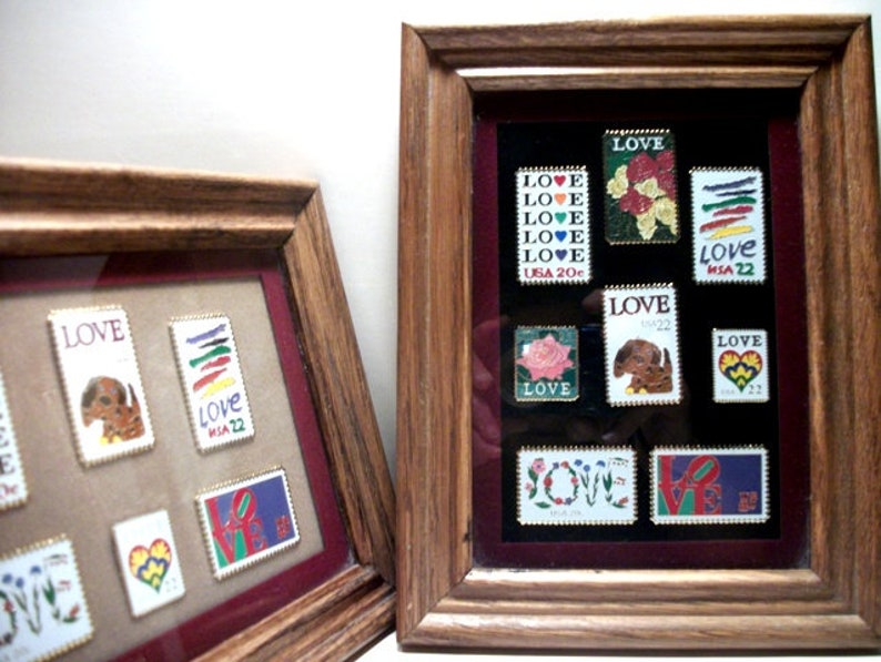 Love Stamps Tack Lapel Pins 14 In Two Wood Framed Matted Glass Frames Unique Gifts for The Home Her Mothers Day Mom Grandma With Love or Him image 7