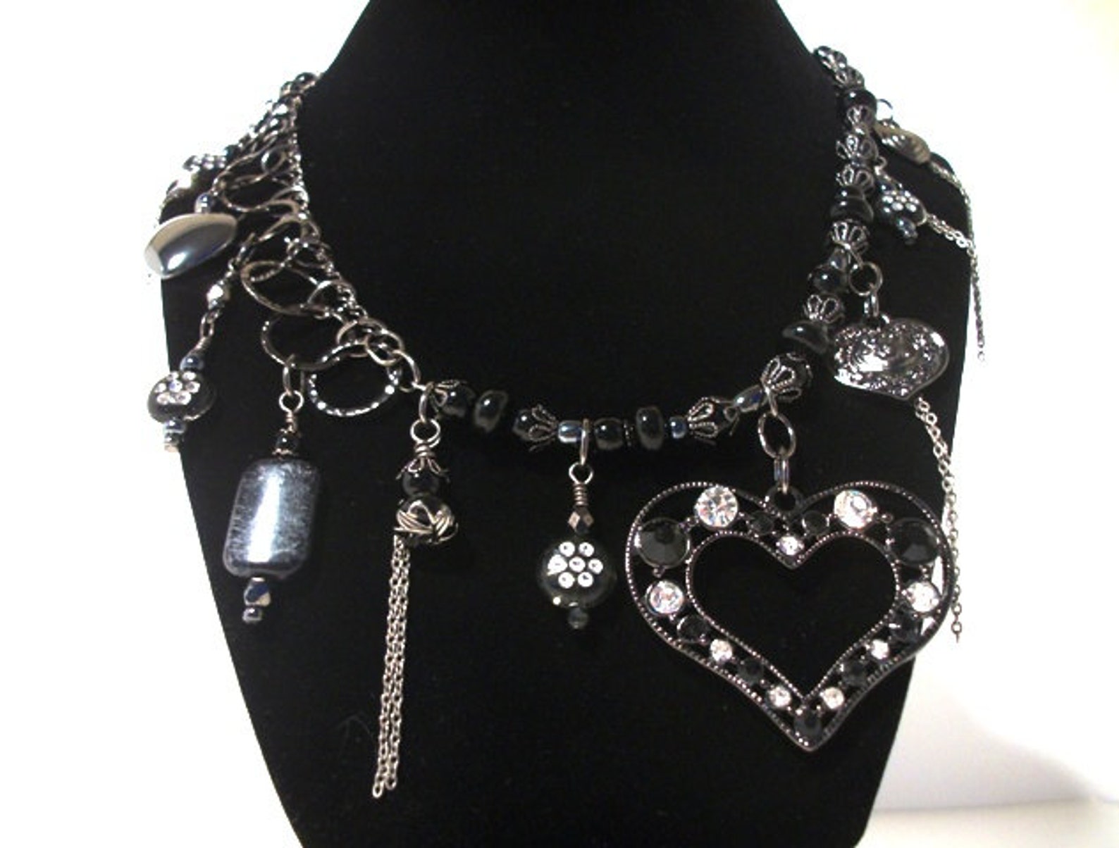 Gunmetal Hematite Old Charm Necklace in Black Stone Rhinestone Hearts