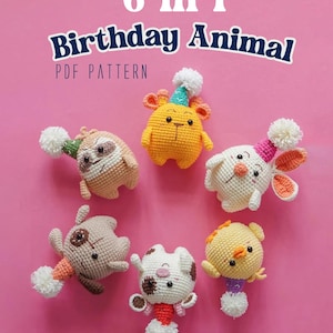 6 in 1 Tier Geburtstagsparty Häkelanleitung, Tiere häkeln, Mini Geburtstagsgeschenk, süsses Tier Geburtstagsparty häkeln PDF Pattern