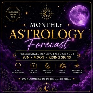 May include: A digital graphic with a purple and black starry background. The text reads "Monthly Astrology Forecast" in gold and purple script. Icons for love, career, emotions, spiritual growth, and guidance are included. A full moon and celestial accents complete the design.