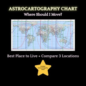 Op de afbeelding: Astrocartografiekaart met de tekst "Waar moet ik naartoe verhuizen?" en "Beste plek om te wonen + Vergelijk 3 locaties". De kaart toont een wereldkaart met gekleurde lijnen. Een gele ster-afbeelding bevat de tekst "Inclusief Astrocartografiekaart".