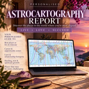 May include: A laptop displaying an astrocartography report with a world map overlaid by colorful planetary lines. Text reads: PERSONALISED ASTROCARTOGRAPHY REPORT, Discover the places in the world where you're most aligned, LIVE, LOVE, SUCCEED, and a list of guide topics.