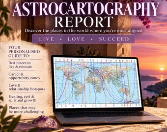 Pode incluir: Um portátil exibindo um relatório de astrocartografia com um mapa-múndi e linhas planetárias coloridas. O texto diz: PERSONALISED ASTROCARTOGRAPHY REPORT, Discover the places in the world where you're most aligned, LIVE, LOVE, SUCCEED, e uma lista de tópicos.