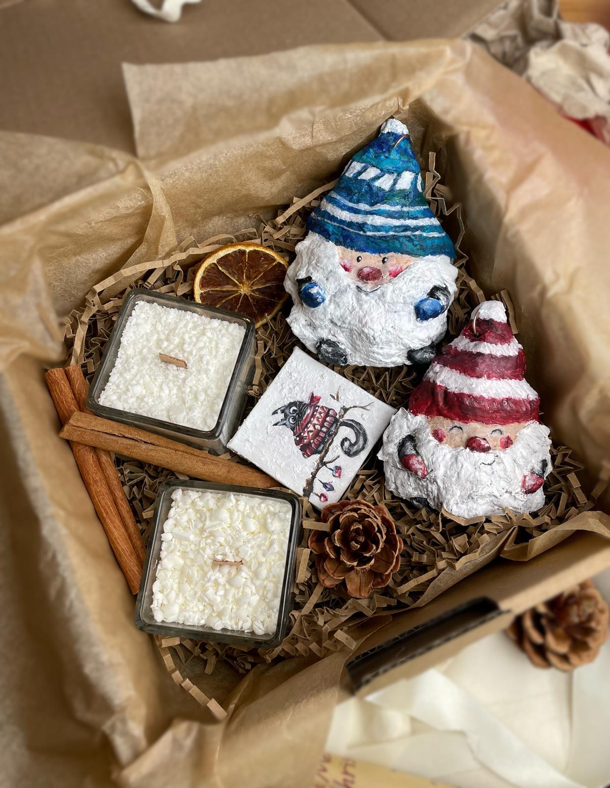 Christmas Gnome Gift Set – 2 Handmade Santa Gnome Ornaments + 2 Mini Snowfall Candles + painting thumbnail 8