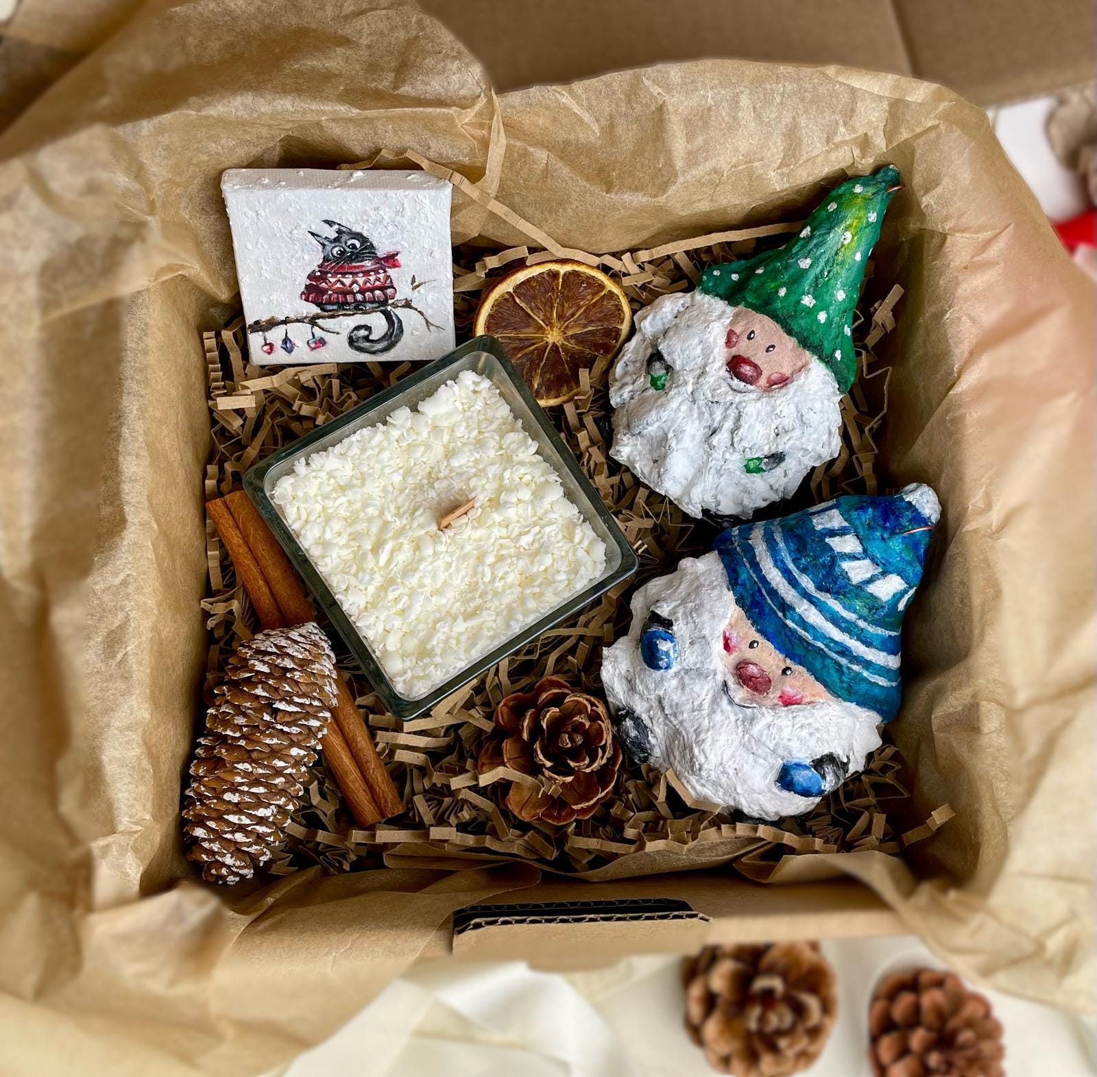 Christmas Gnome Gift Set – 2 Handmade Santa Gnome Ornaments + 2 Mini Snowfall Candles + painting thumbnail 2