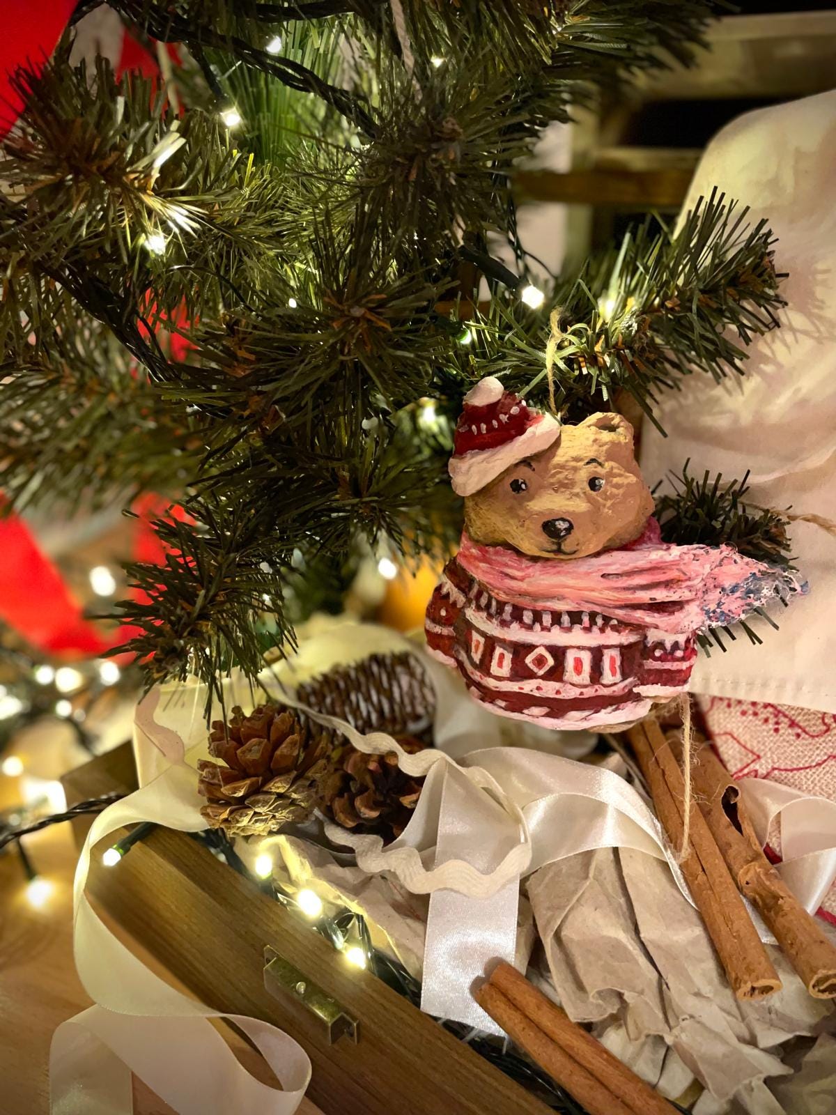 Handcrafted Teddy Bear in Sweater Christmas Ornament – Cozy Winter Bear Bauble thumbnail 2