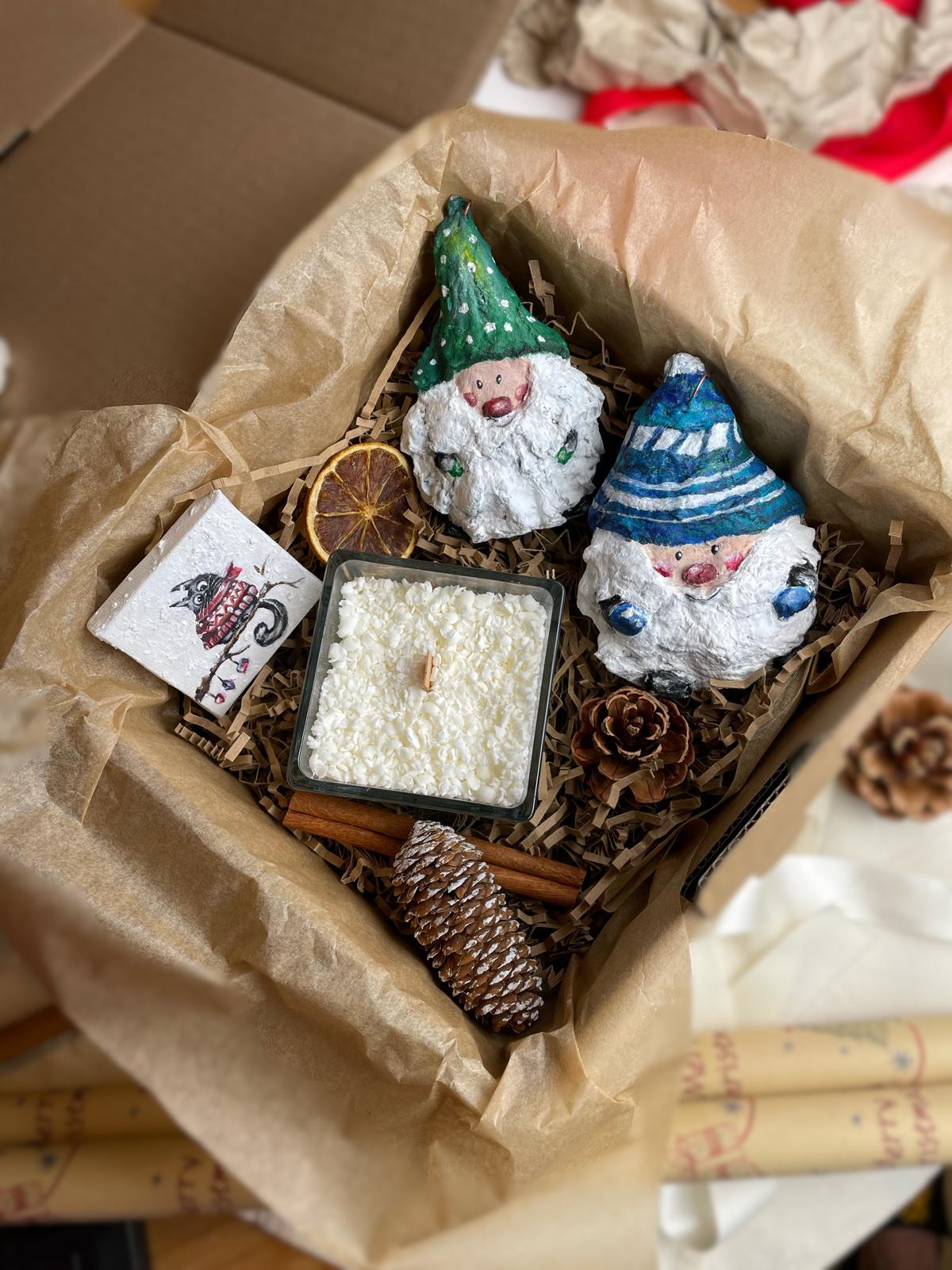 Christmas Gnome Gift Set – 2 Handmade Santa Gnome Ornaments + 2 Mini Snowfall Candles + painting thumbnail 4