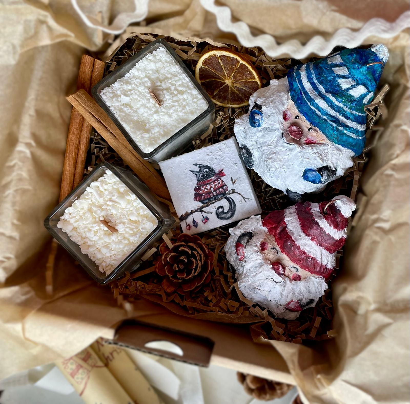 Christmas Gnome Gift Set – 2 Handmade Santa Gnome Ornaments + 2 Mini Snowfall Candles + painting thumbnail 7