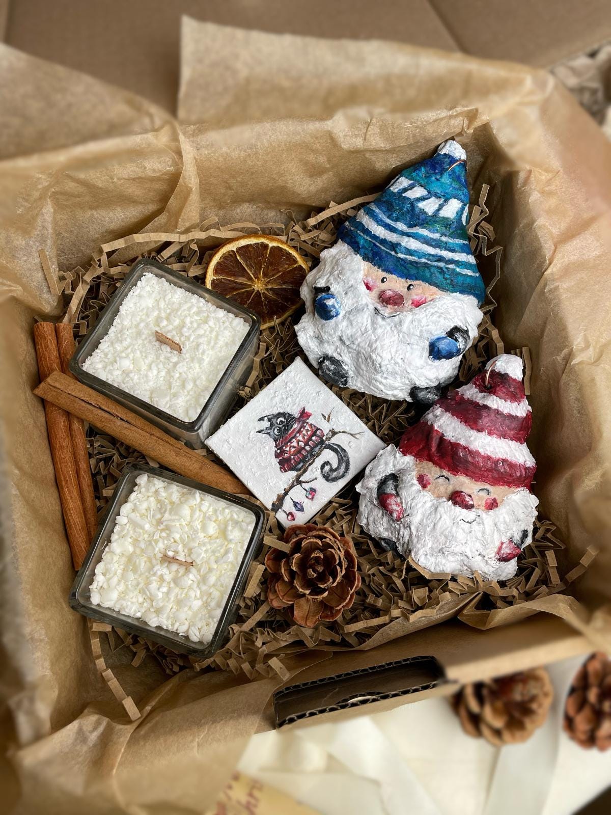 Christmas Gnome Gift Set – 2 Handmade Santa Gnome Ornaments + 2 Mini Snowfall Candles + painting thumbnail 5