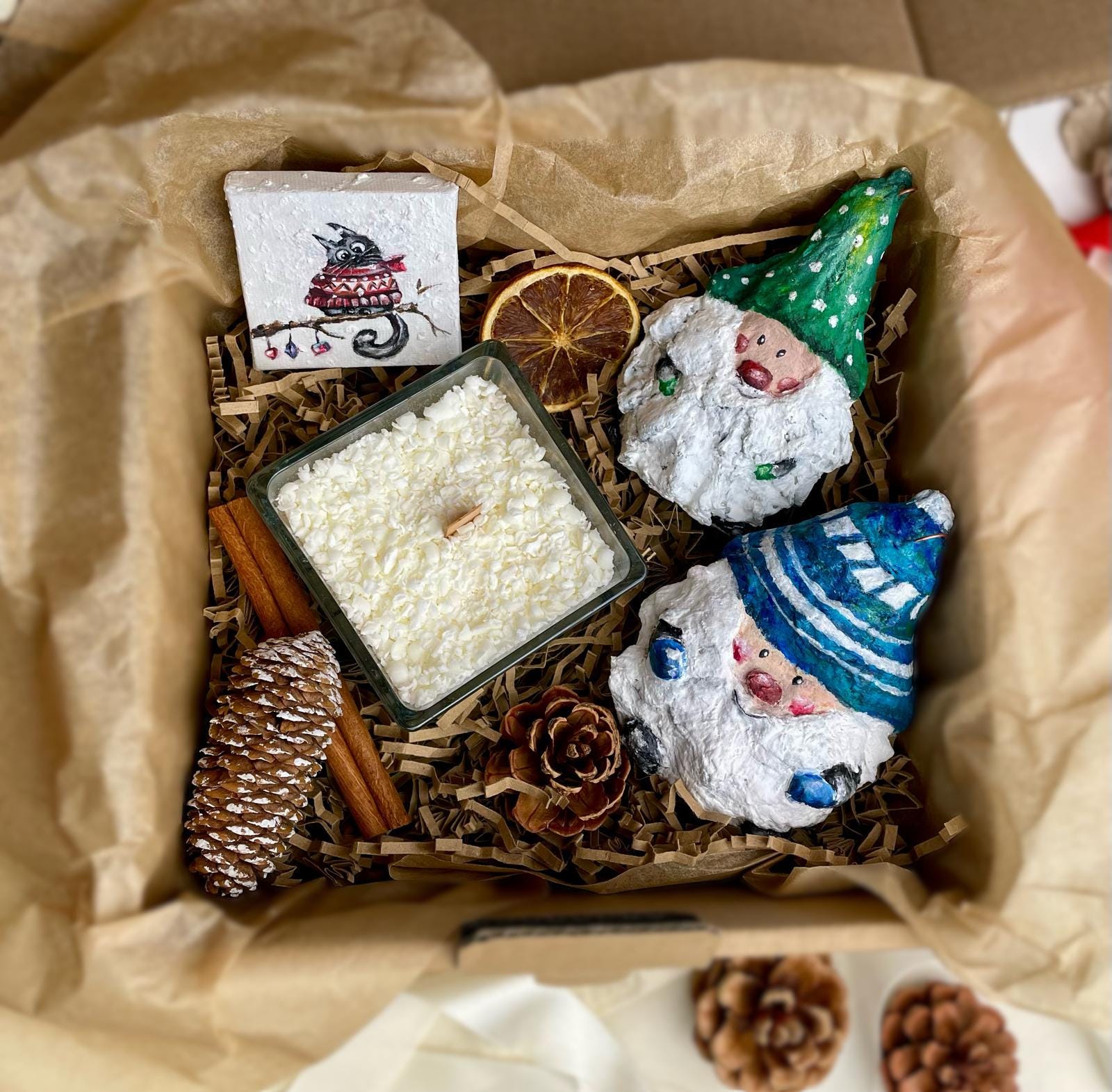 Christmas Gnome Gift Set – 2 Handmade Santa Gnome Ornaments + 2 Mini Snowfall Candles + painting thumbnail 6