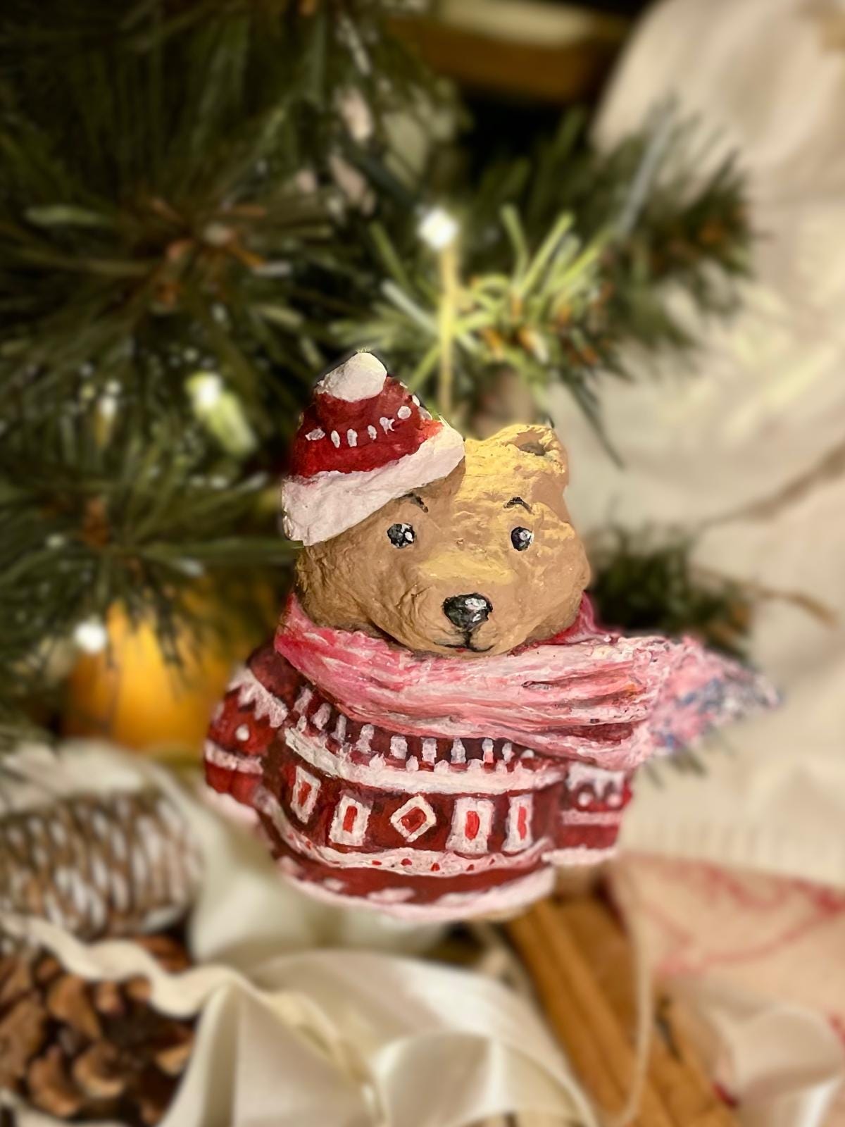 Handcrafted Teddy Bear in Sweater Christmas Ornament – Cozy Winter Bear Bauble