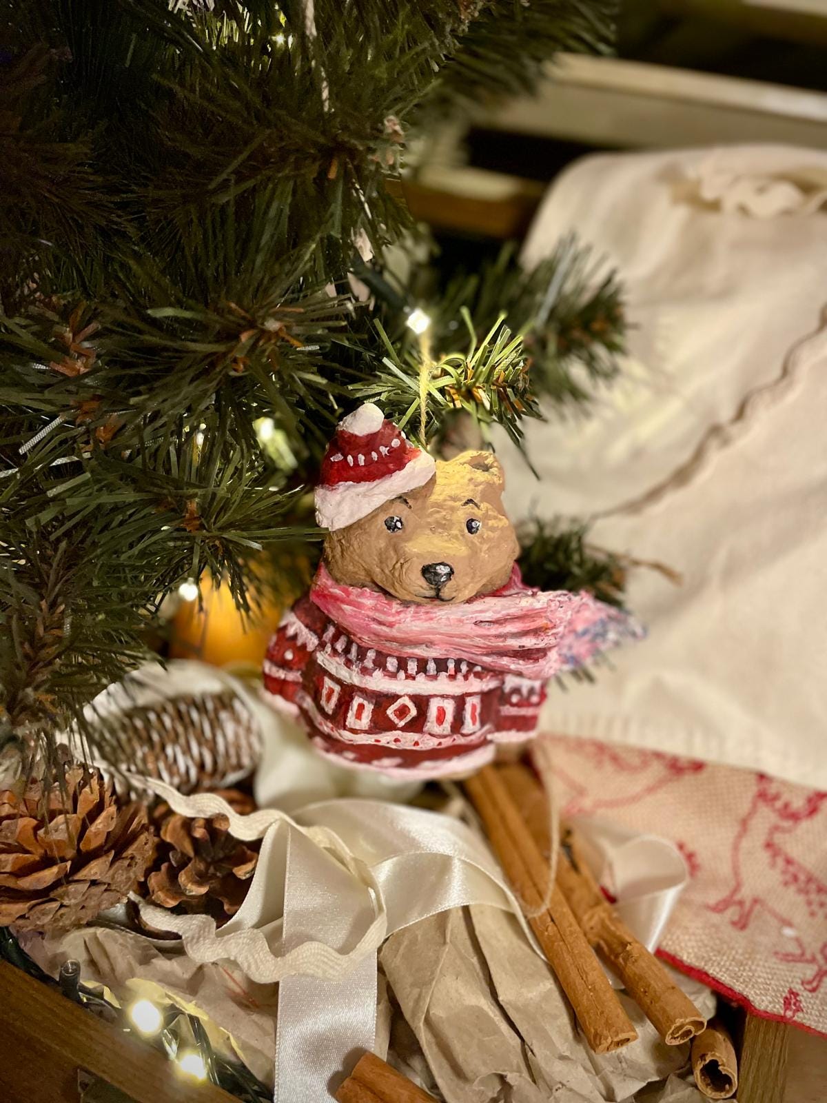 Handcrafted Teddy Bear in Sweater Christmas Ornament – Cozy Winter Bear Bauble thumbnail 4