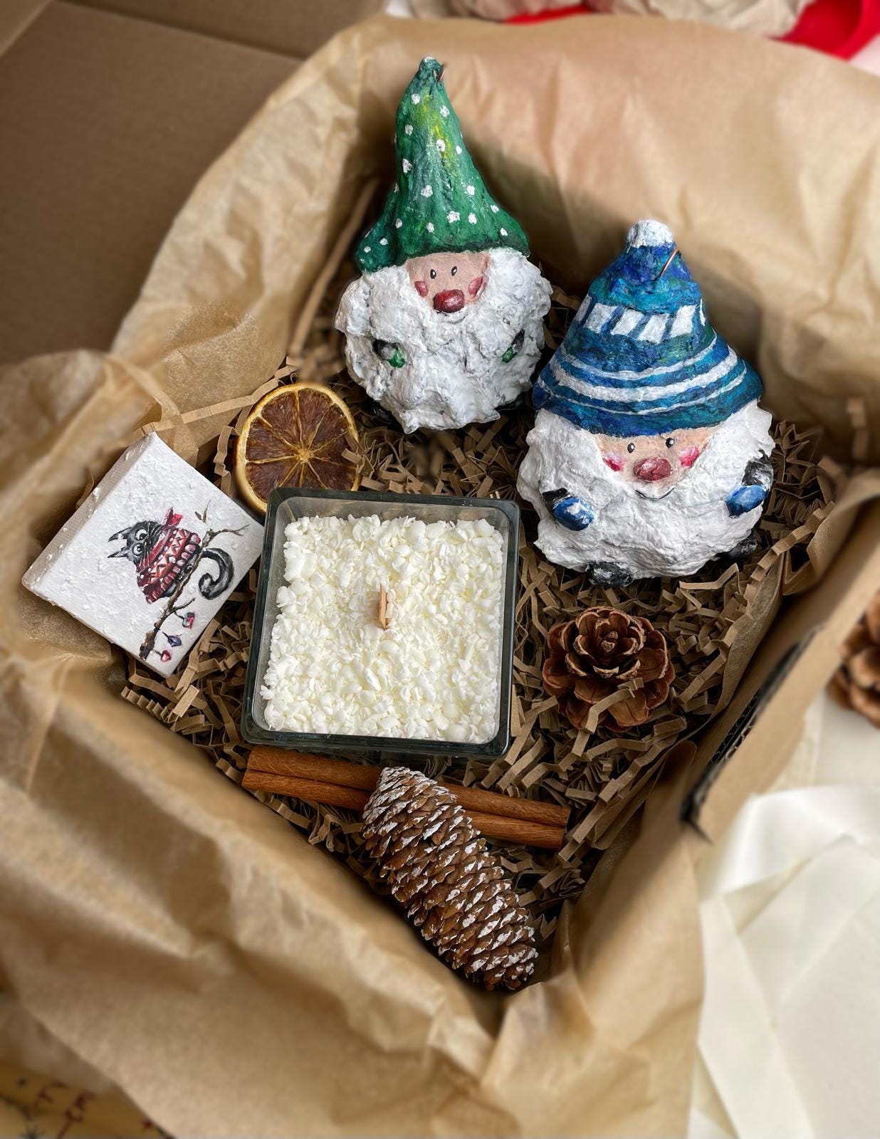 Christmas Gnome Gift Set – 2 Handmade Santa Gnome Ornaments + 2 Mini Snowfall Candles + painting thumbnail 3