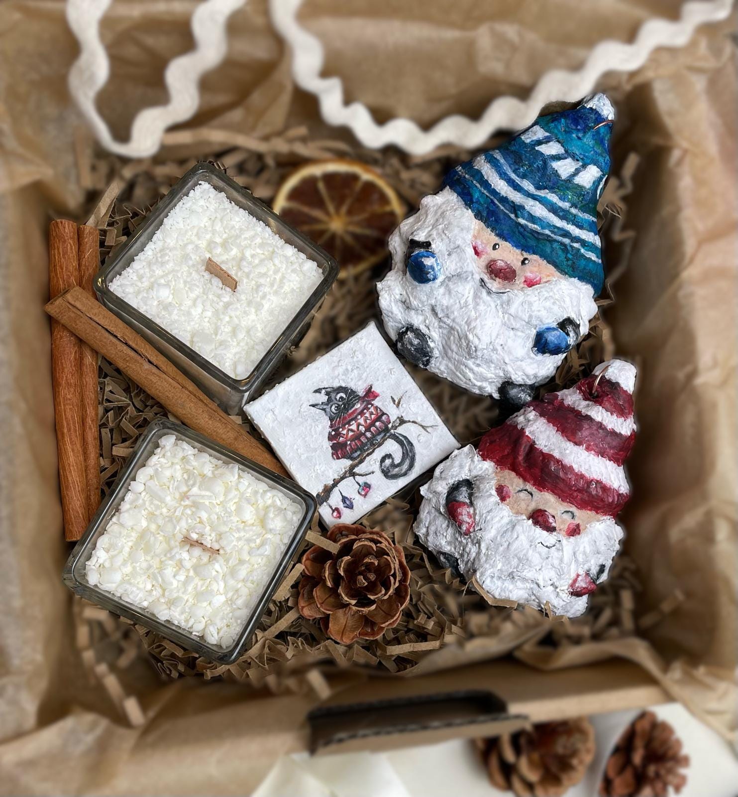 Christmas Gnome Gift Set – 2 Handmade Santa Gnome Ornaments + 2 Mini Snowfall Candles + painting thumbnail 9