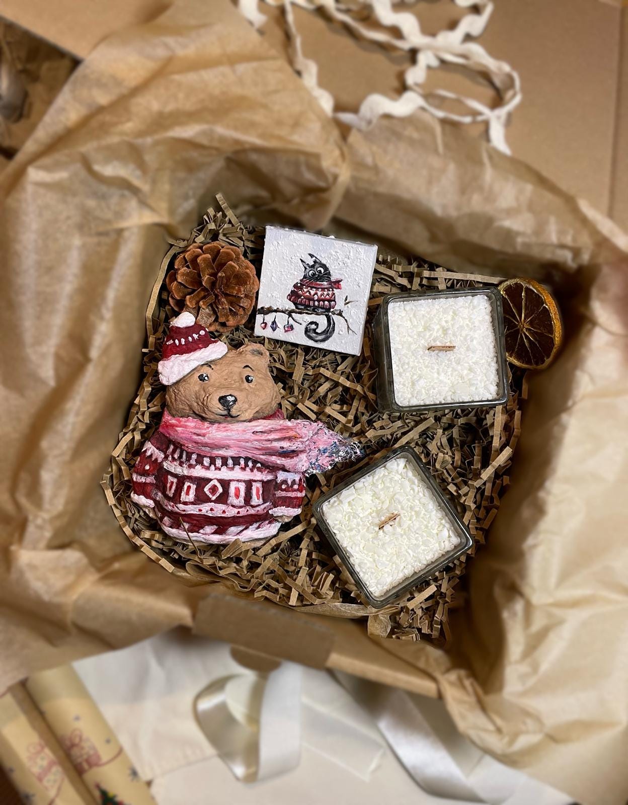 Cozy Christmas Bear Gift Set – Handmade Teddy Ornament + 2 Mini Snowfall Candles + painting