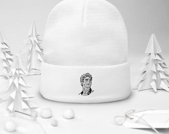 Minimal Art Embroidered Beanie – White Streetwear Beanie, Modern Portrait Embroidery, Unisex Winter Hat