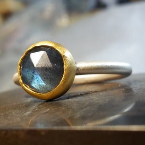 Rose Cut Labradorite Ring - 24k Solid gold and Silver Ring - Gemstone Ring - Stackable Ring- Mixed Metals Ring-Solitaire Ring-MADE TO ORDER.