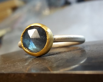 Rose Cut Labradorite Ring - 24k Solid gold and Silver Ring - Gemstone Ring - Stackable Ring- Mixed Metals Ring-Solitaire Ring-MADE TO ORDER.