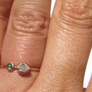 Rough Diamond and Emerald Ring -14k Solid Rose or Yellow Gold Ring-Engagement Ring-Thin Gold Ring-Stackable Ring-Birthstone-Rustic Gold Ring