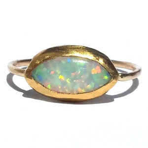 Solid 24k Gold White Opal Ring with 14k Solid Gold Band - Opal Engagement Ring- 24k gold Solitaire Ring -Eye Shape Gold Ring -Gold Opal Ring