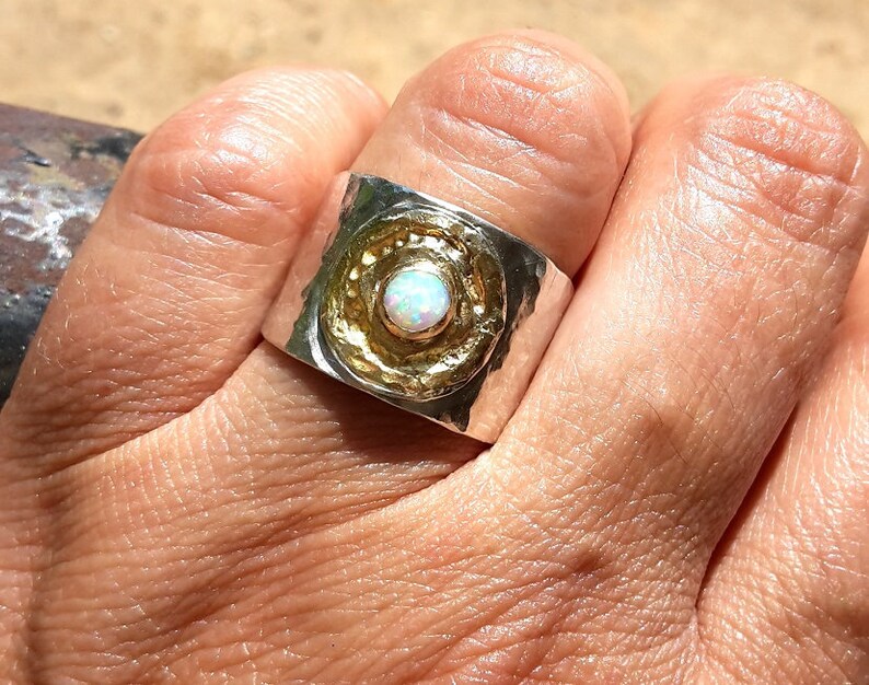 Wide 24k Gold and Silver Opal Ring-Mixed Metals Ring-Rustic Ring-Statement Ring-Large Ring-Bohemian Ring-Handmade-Opal Ring-Made To Order image 8