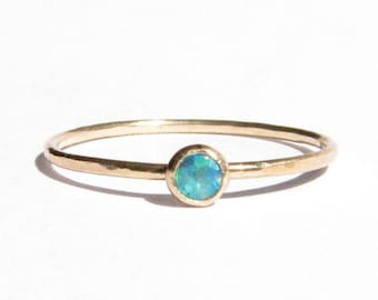 Opal 14k Solid Gold Ring - Stacking Ring - Thin Gold Ring- Opal Engagement Ring - Opal Ring- Opal gold - Blue Ring- Made To Order.