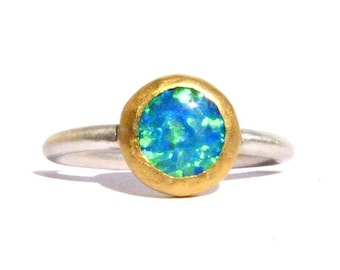 Opal Ring - Solid 24k Yellow Gold & Silver Ring - Stackable ring - Blue Opal Ring - Opal 24k Gold Ring - Engagement Ring - MADE TO ORDER