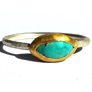 Marquise Turquoise in 24k Solid Gold and Silver Ring-Dainty 24k Gold and Turquoise Ring-Mixed Metals Ring-24k Turquoise ring- Made to Order.