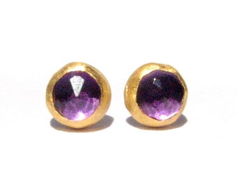 Rose Cut Purple Amethyst earrings - 24k Solid Gold and silver studs, Post Earrings - Made to Order.