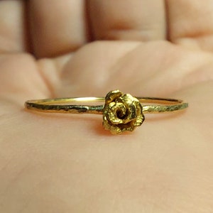 24k Little Rose and 22k Solid Gold Thin Stacking Ring-Handmade Rustic Rose Ring-24k Pure Gold Flower Ring-24k Rose Ring-Unique-Bohemian Ring
