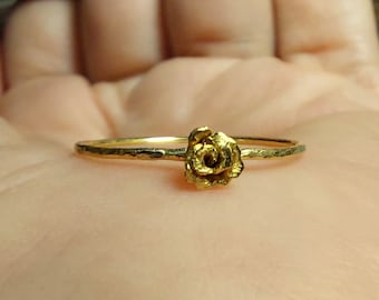 24k Little Rose and 22k Solid Gold Thin Stacking Ring-Handmade Rustic Rose Ring-24k Pure Gold Flower Ring-24k Rose Ring-Unique-Bohemian Ring