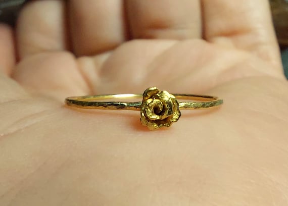 24k Little Rose and 22k Solid Gold Thin Stacking Ring-Handmade Rustic Rose Ring-24k Pure Gold Flower Ring-24k Rose Ring-Unique-Bohemian Ring
