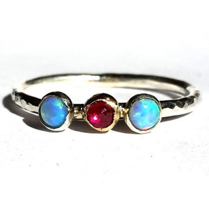 Ruby Opal Ring- Opal Silver Ring-Blue Opal-Stacking Ring-Anniversary Ring-Opal 14k Gold-Engagement Ring-Rose Cut Ruby Ring-Silver Opal Ring.